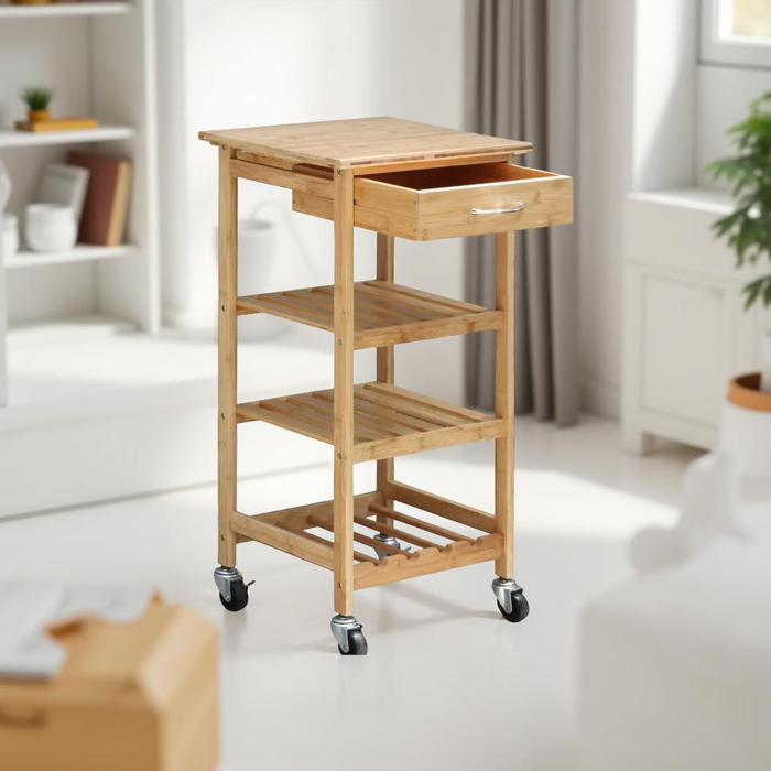Mesa Auxiliar Bambú Con Cajón Y Estantes 39x39x80