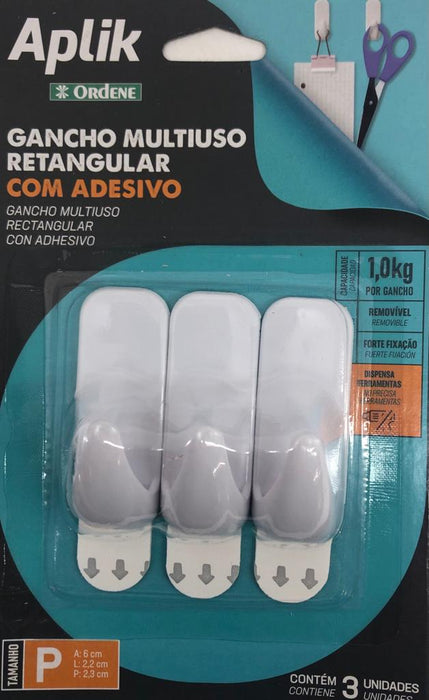 Gancho rectangular blanco con adhesivo por tres